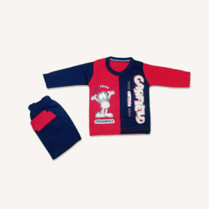 Red & Navy Blue Cartoon Printed Baby Full-Sleeve T-Shirt & Trouser Set